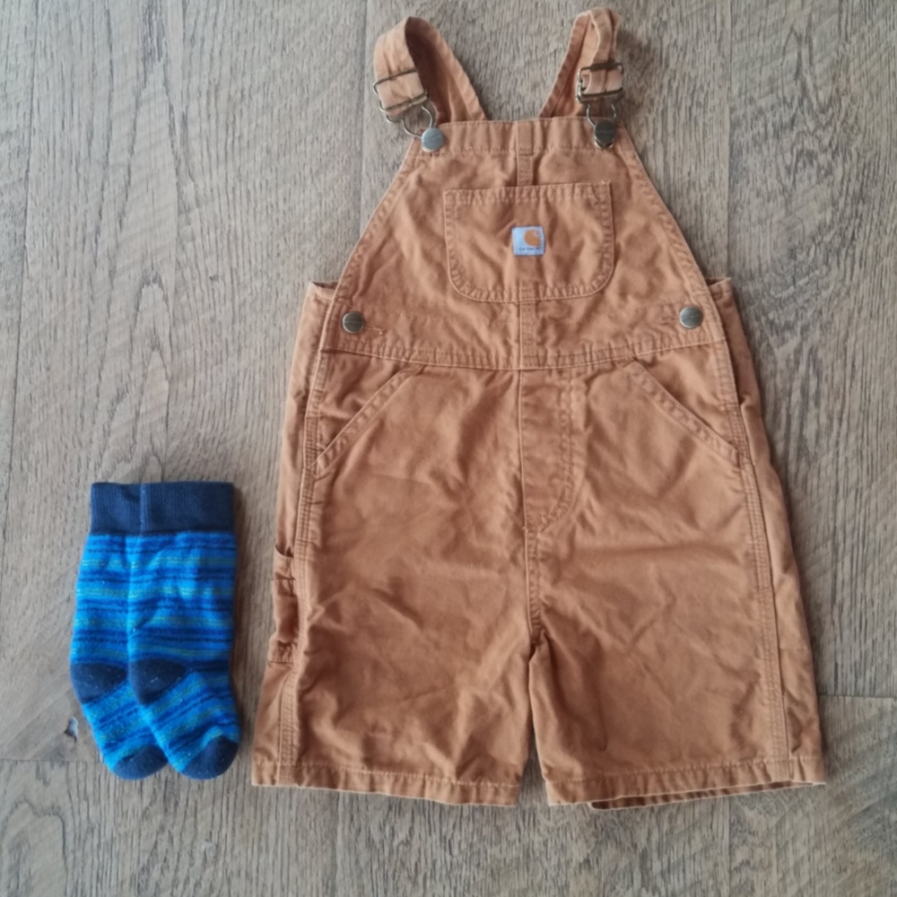 4T Carhartt Shorts Overalls with infant REI socks
